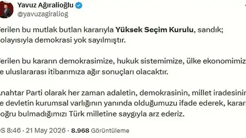 Ağıralioğlu: YSK Kararıyla Sandık ve Demokrasi Yok Sayılmıştır