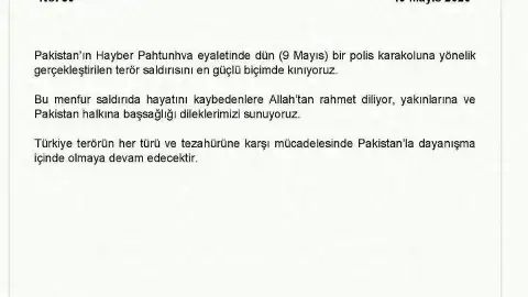Dışişleri Bakanlığı'ndan Pakistan'daki Terör Saldırısına Kınama