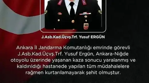 Jandarma Astsubay Üstçavuş Y.E. Trafik Kazasında Şehit Oldu