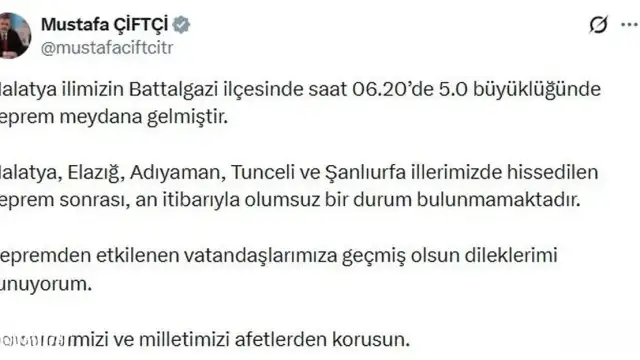 İçişleri Bakanı Mustafa Çiftçi Malatya'daki Deprem Sonrası: "Olumsuz Bir Durum Bulunmamaktadır"