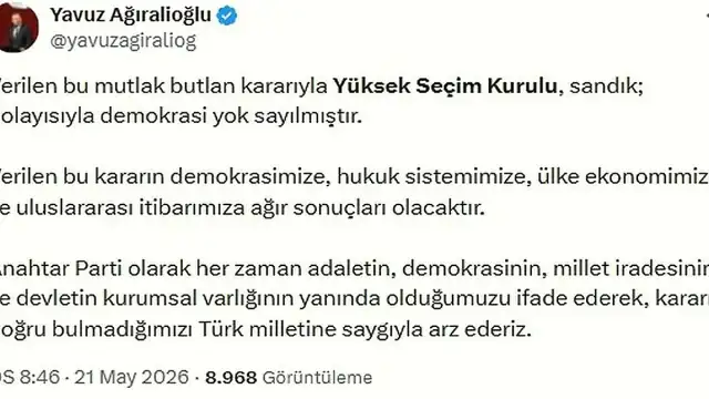 Ağıralioğlu: YSK Kararıyla Sandık ve Demokrasi Yok Sayılmıştır