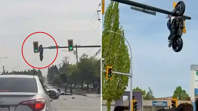 Kanada'da Trafik Işığında Asılı Kalan Motosiklet Şaşkınlık Yarattı