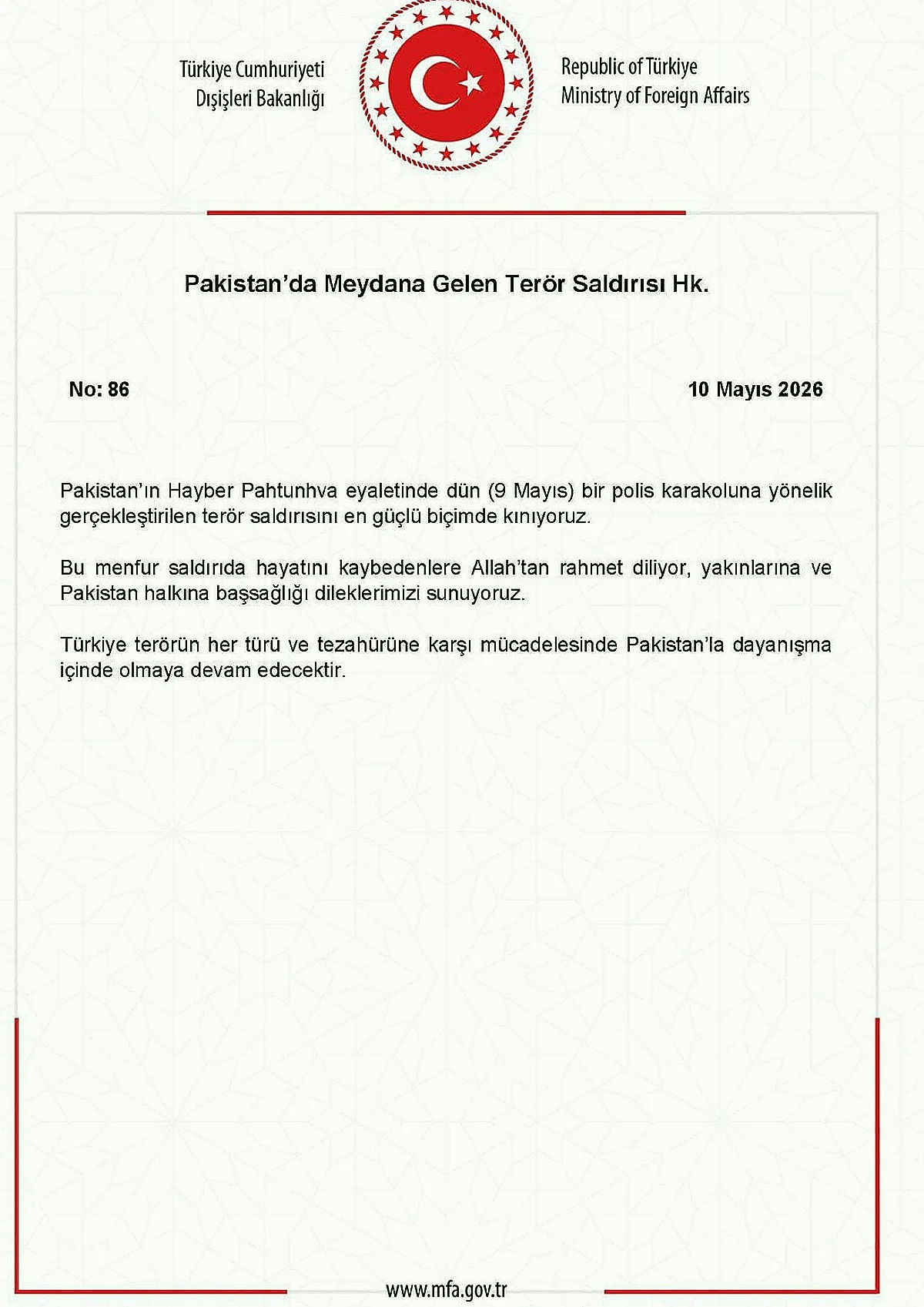 Dışişleri Bakanlığı'ndan Pakistan'daki Terör Saldırısına Kınama